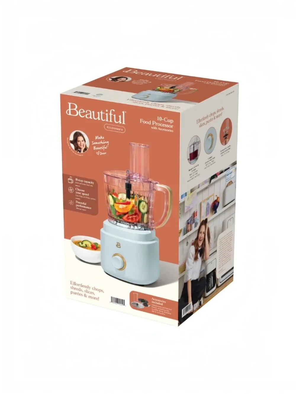 Beautiful 10-Cup Food Processor with Accessories Hydrangea Blue Drew Barrymore